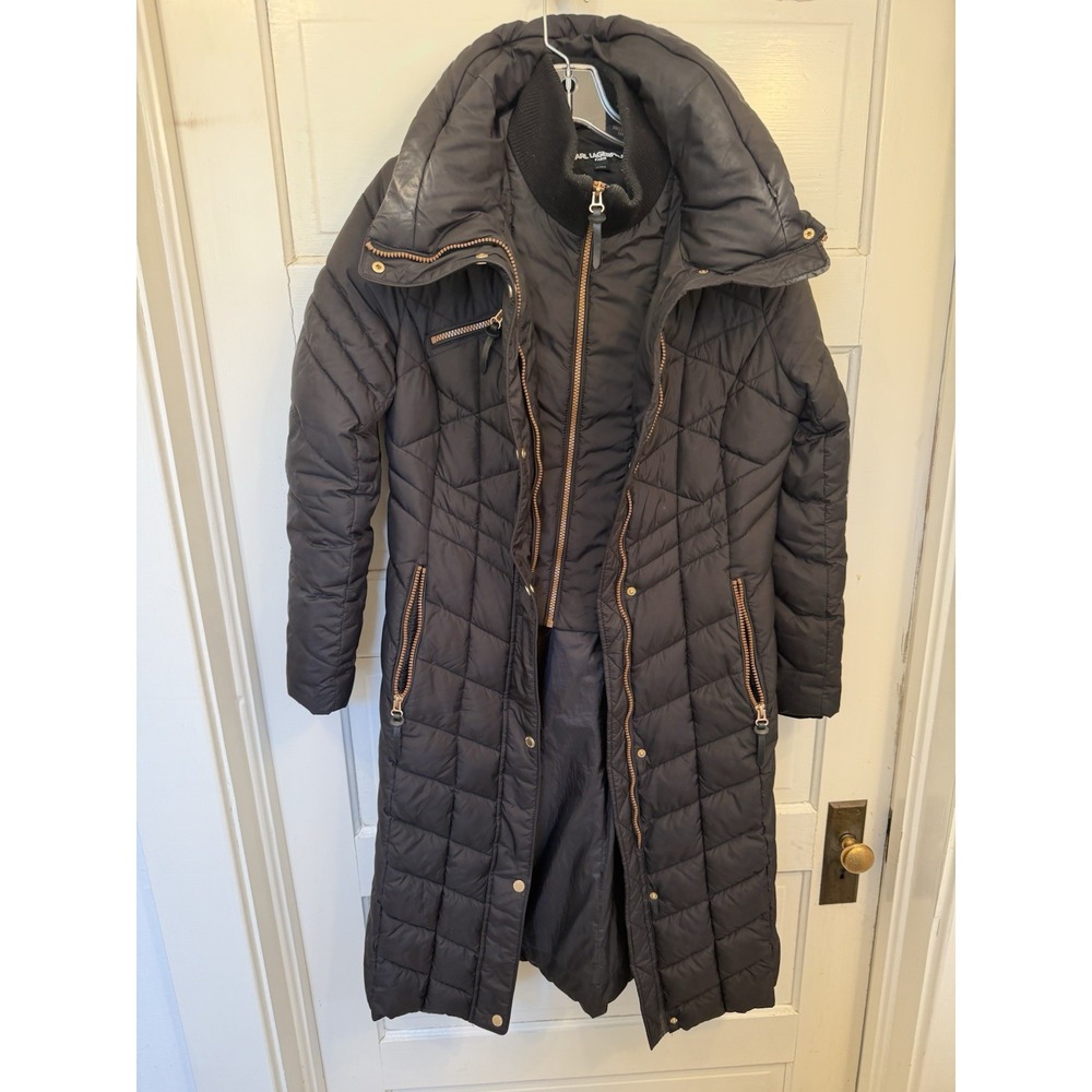 Karl Lagerfeld 41" Long Winter Puffer Coat Black Sz Womens Small